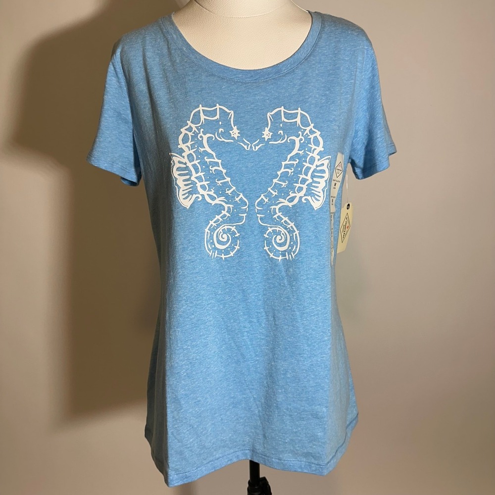 NWT St. John's Bay Blue Seahorses Short Sleeve Crew Neck T-Shirt Womens Medium M